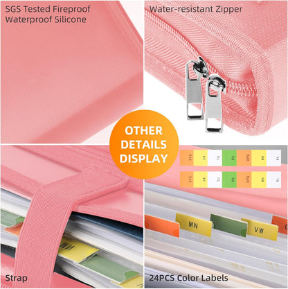 JUNDUN Accordion File Organizer - Fireproof Accordion Folder with Zipper & Labels - 12 Pocket Expanding File Folder with Multi-Pockets Paper Organizer Folder for Letter A4 Files and More (Pink)