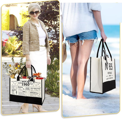 65th Birthday Gifts for Women Canvas Tote Bag Travel Gear, Unique 65 Years Old Gifts for Wife Sister Mom Aunt Friends Her, Vintage N°65 Handbag & Cosmetic Bag & Back in 1960 Poster
