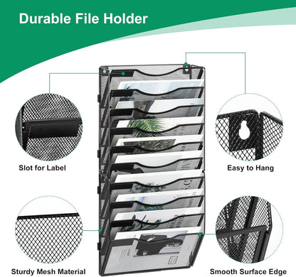 10-Pocket Wall File Organizer, Hanging Mail Organizer Wall Mounted Paper Document Holder, Metal Clipboard Storage Basket for Office Home School Organization, Black