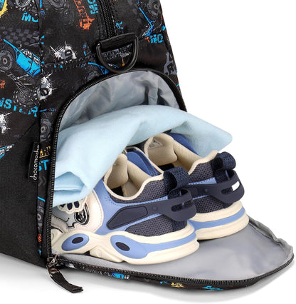 Choco Mocha Kids Monster Truck Duffle Bag - Boys Overnight Bag for Toddler Travel & Sleepover - Black