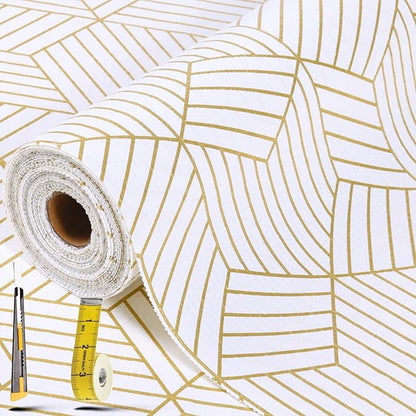 Gold and White Shelf Liners for Kitchen Cabinets Non Adhesive Cabinet Liner Strong Non-Slip Thickened Easy to Clean for Shelf Cabinet with Knife and Tape Measure