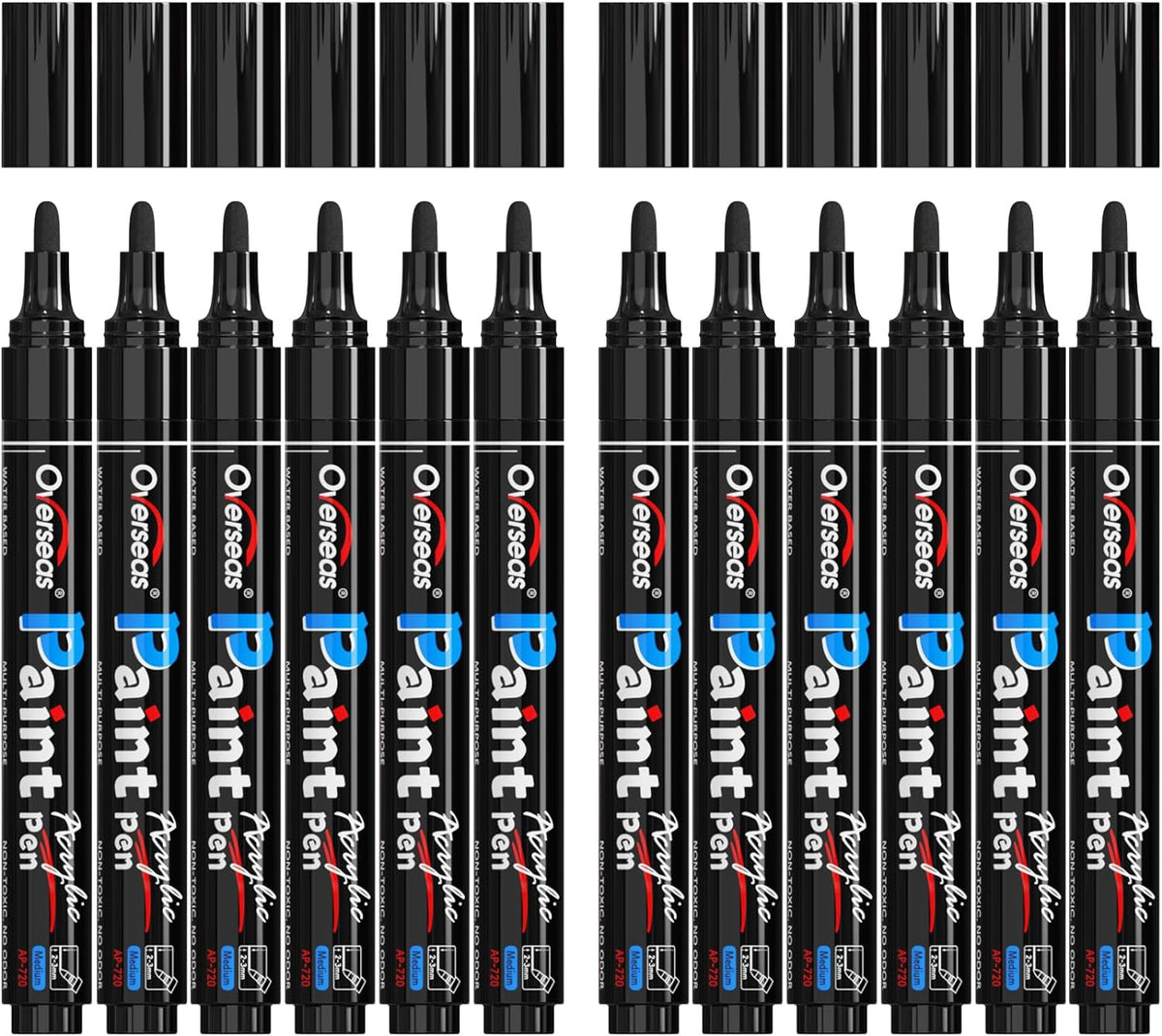 Overseas Black Paint Pens Paint Markers - Permanent Acrylic Markers 12 Pack, Water-Based, Quick Dry, Waterproof Marker Pen for Rock, Wood, Plastic, Metal, Canvas, Glass, Fabric, Mugs. Medium Tip