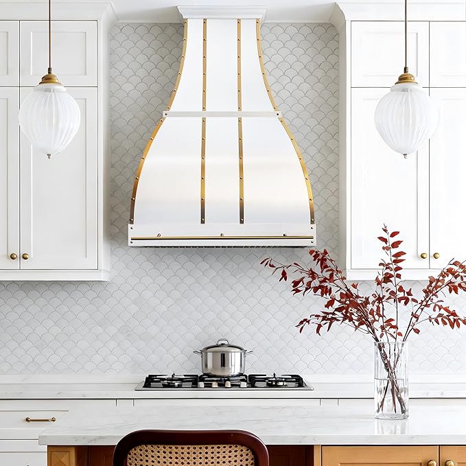 CHETTO C Stainless Steel Range Hood Cover with 4-Speed Vent Hood Insert Custom Handcrafted Metal Kitchen Fan with Towel Rack LED Light 54"W x21"D x36"H White Wall Mount
