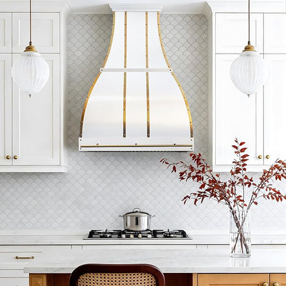 CHETTO C Stainless Steel Range Hood Cover with 4-Speed Vent Hood Insert Custom Handcrafted Metal Kitchen Fan with Towel Rack LED Light 54"W x21"D x36"H White Wall Mount