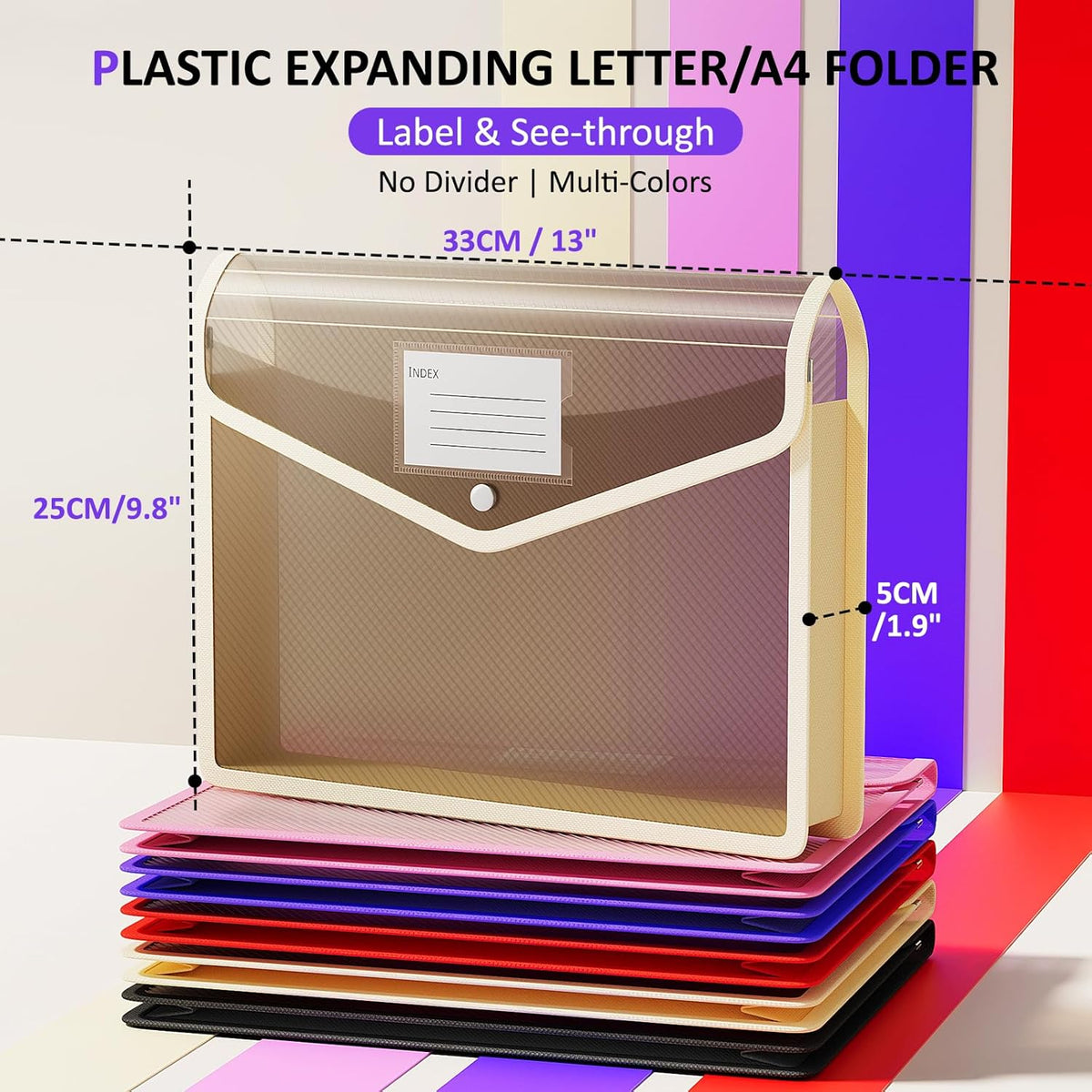 ThinkTex Plastic Expanding File Folder, Transparent Envelopes with Snap Closure,Suitable for Home, Office, School and Hospital, Large Capacity，No Dividers, 5 Colors, Fit Letter/A4 Size-10 Pcs