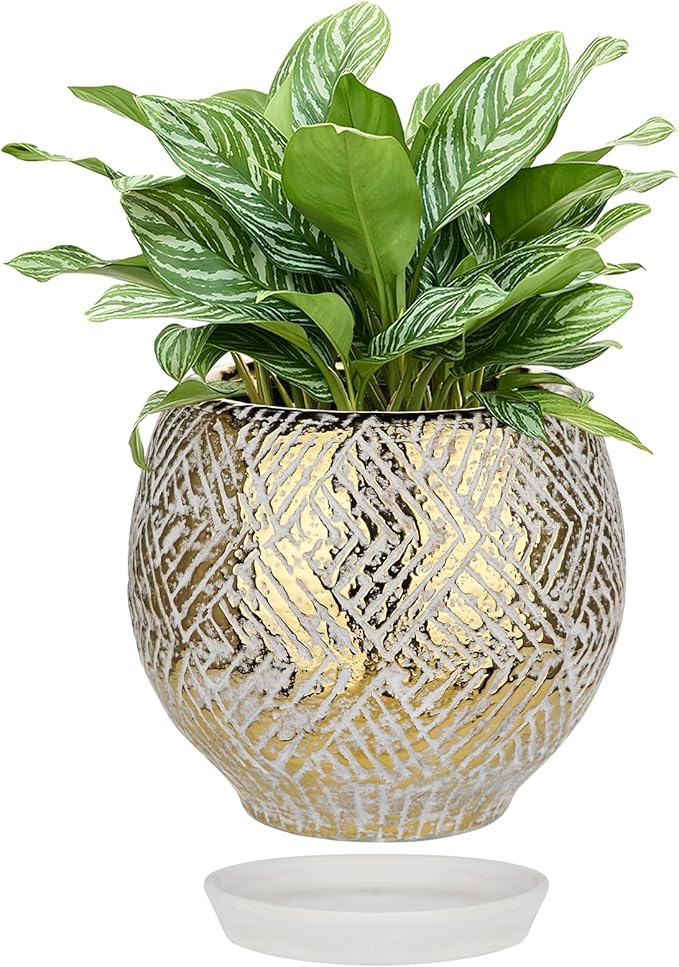 Ceramic Plant Pots for Plants Indoor 7.5 Inch Round Gold and White Flower Pot Gilded Decorative Planter with Drainage Hole and Saucer Modern Ceramic Pot for Succulents Orchids Cactus Herbs Home Decor