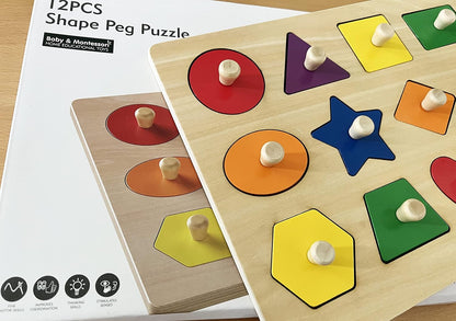 Dailyfunn Montessori Wooden Shape Peg Puzzles for 12-18-24 months, BPA-Free, Non-Toxic Paint