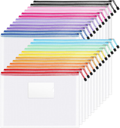 Sooez 24 Pack Mesh Zipper Pouch Bags with Label Pocket, A6 (9.1×4.7 in) Small Pencil Case Pouch for Organizing, Clear Plastic Pencil Pouches Bulk for School Supplies Storage, Money Envelopes for Cash