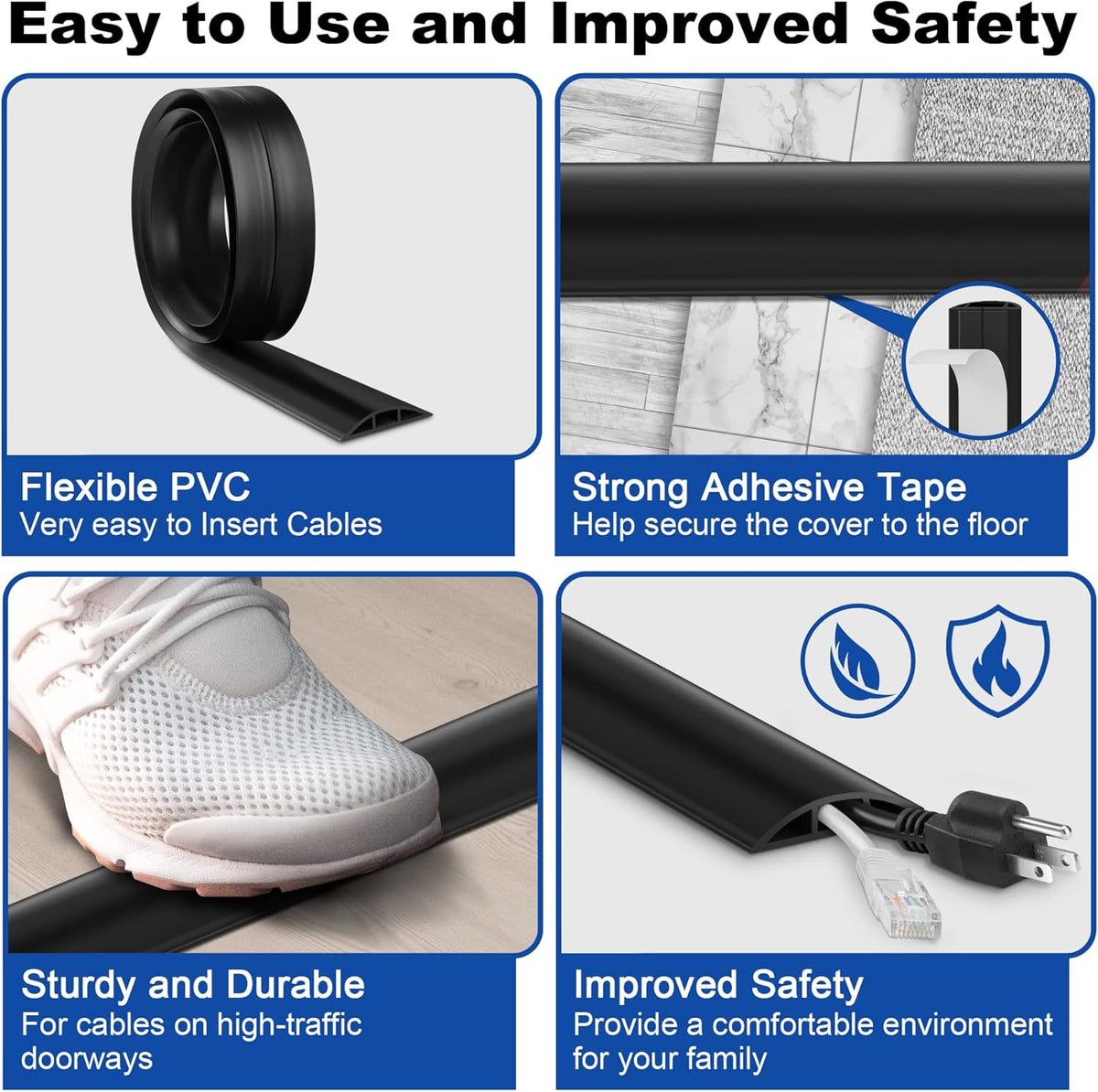 4ft Cord Hider Floor, Heavy Duty Cord Covers for Wires on Floor, Black Floor Cable Management, Hide Cord Cover Floor, Electrical Cable Hider Cord Protector Floor, Cable Cavity: 0.78" W x 0.32" H