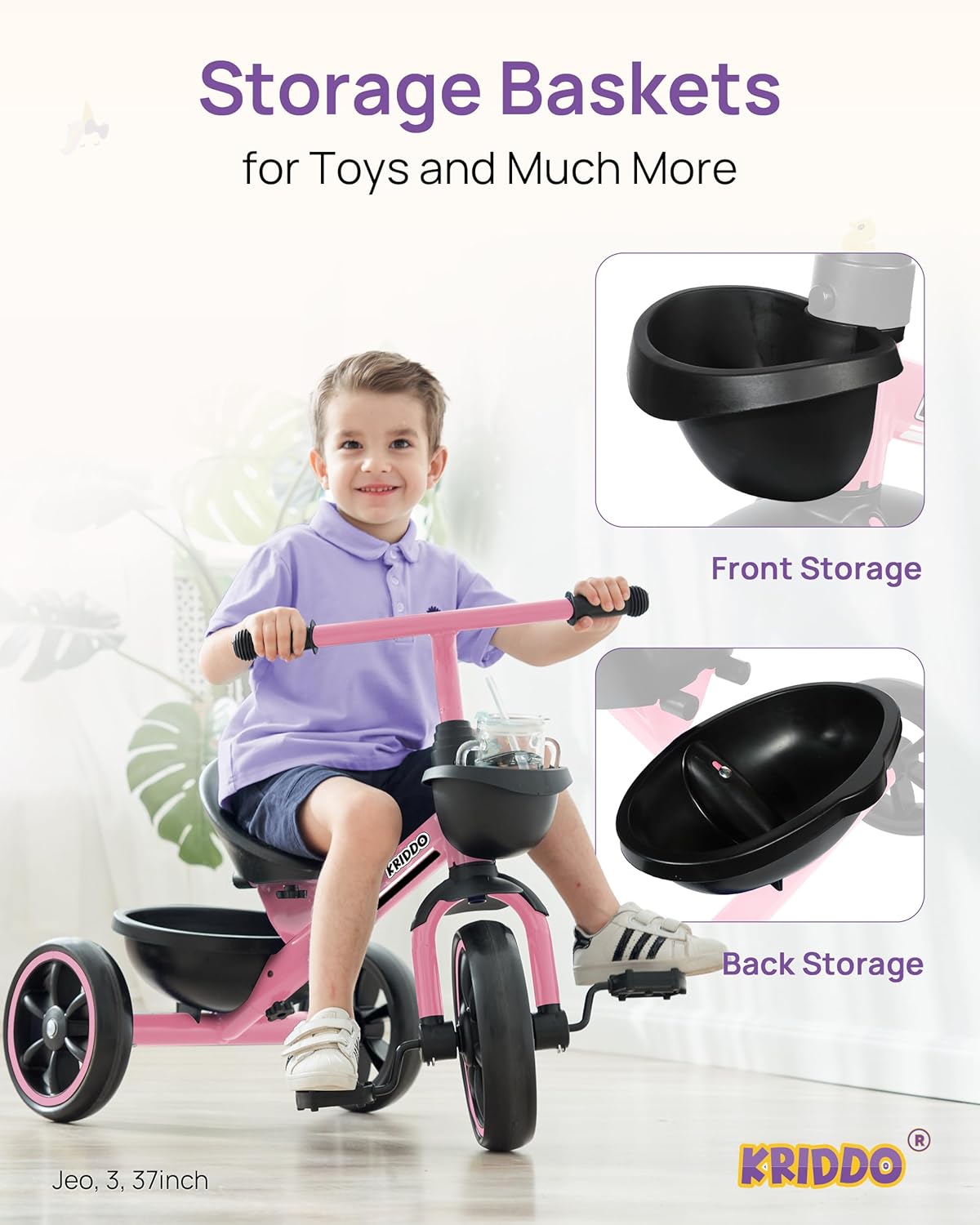 Krido Toddler Tricycle for 2-5 Year Olds - Pink Bike for 24 Month to 4 Year Old Girls and Boys