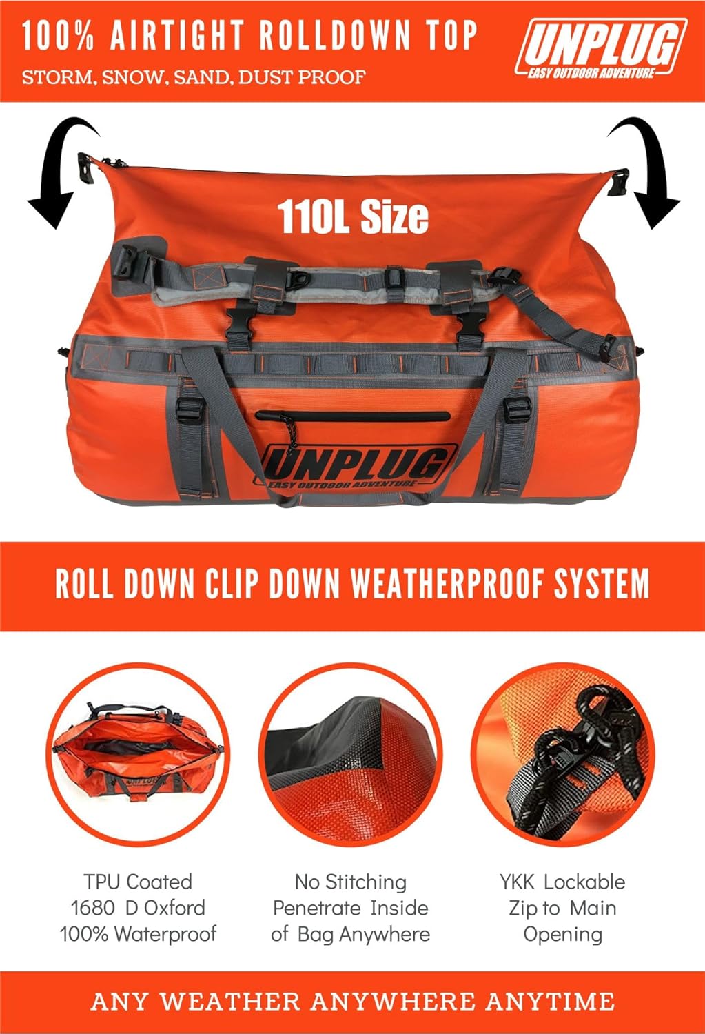 UNPLUG Ultimate Adventure Bag | 1680D Heavy Duty Waterproof Bag | Large Travel Duffle Bag which can be Used for Camping, Motorcycling, Boating, or Hunting