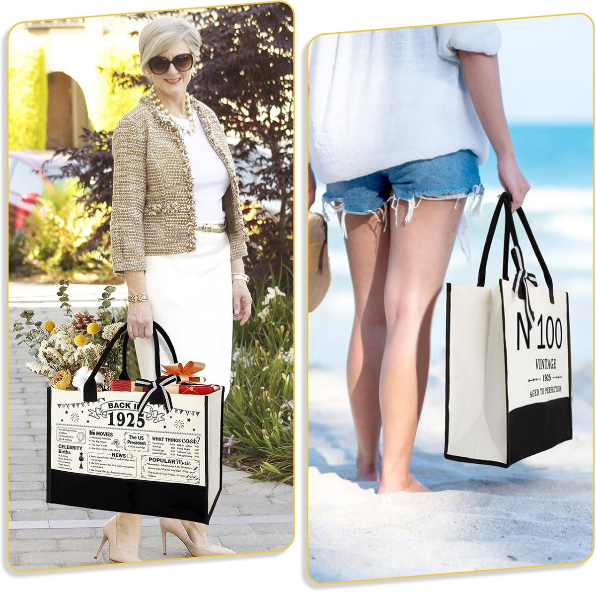 100th Birthday Gifts for Women Canvas Tote Bag Travel Gear,Unique 100 Years Old Gifts for Wife Mom Sister Aunt Friends Her, Vintage N°100 Handbag & Cosmetic Bag & Back in 1925 Poster