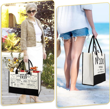 100th Birthday Gifts for Women Canvas Tote Bag Travel Gear,Unique 100 Years Old Gifts for Wife Mom Sister Aunt Friends Her, Vintage N°100 Handbag & Cosmetic Bag & Back in 1925 Poster