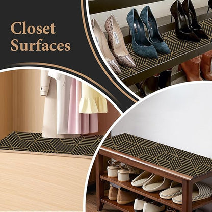 Shelf Liners for Kitchen Cabinets 17in x 20FT, Non Adhesive Cabinet Liner Strong Non-Slip Black Gold Geometric Drawer Liner, Easy to Clean for Shelf, Cabinet with Knife and Tape Measure