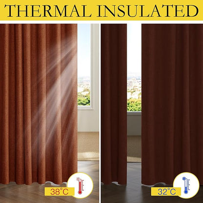 NICETOWN 100% Absolutely Blackout Linen Curtains with Thermal Insulated Liner, 42" Wide, 2 Panels, 84" Long Drapes, Grommet Retro Burnt Orange Linen Curtains Vertical Drapes Privacy for Bedroom