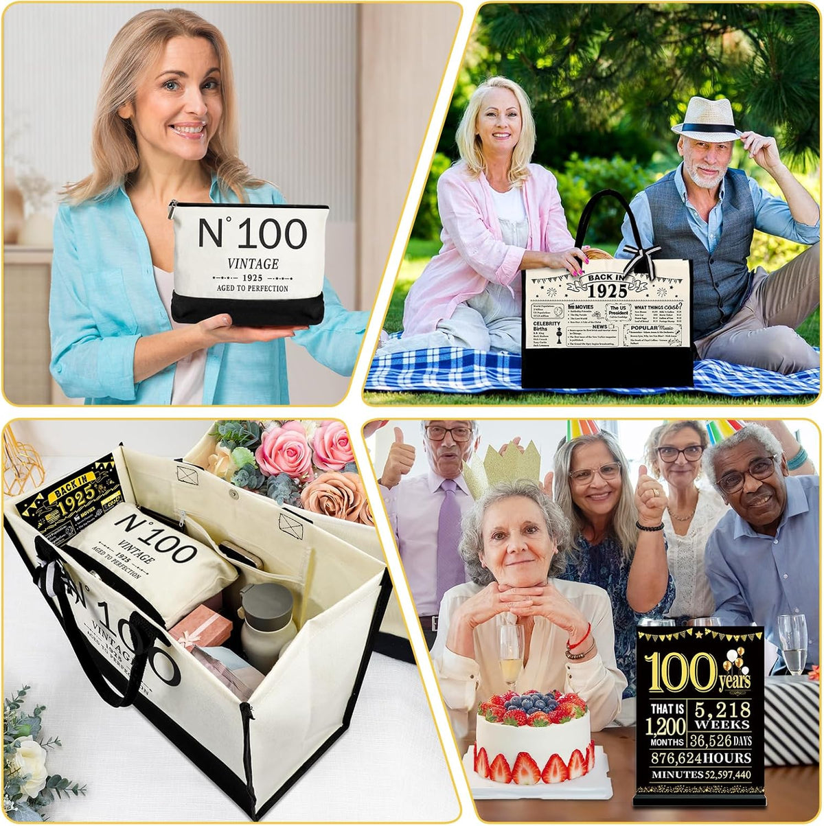 100th Birthday Gifts for Women Canvas Tote Bag Travel Gear,Unique 100 Years Old Gifts for Wife Mom Sister Aunt Friends Her, Vintage N°100 Handbag & Cosmetic Bag & Back in 1925 Poster