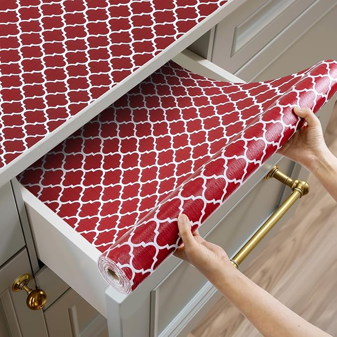 Shelf and Drawer Liner for Kitchen Cabinets Non-Adhesive, Strong Grip Non-Slip Thickened Cabinet Liners for Shelves, Waterproof Mats for Dresser Cupboard, Red/White, 23 in x 20 Feet
