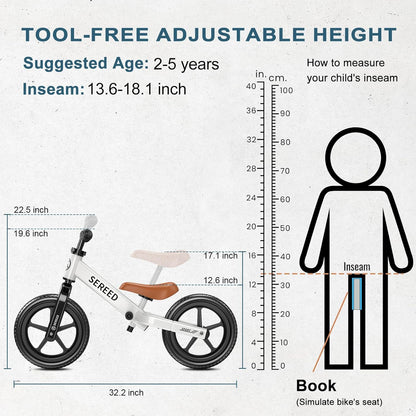 SEREED Toddler Balance Bike, 2-5 Years Old, No Pedal Kids Toy Bike with Tool-Free Adjustment, Gift for 2-3 Boys Girls