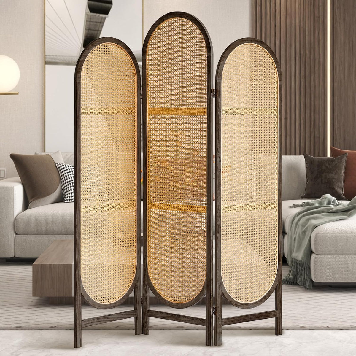 Room Divider Panel, 3 Panel Roomdivider Wall, Wood Room Dividers and Folding Privacy Screens, Rattan Partition Room Dividers, Privacy Dividers for Rooms, Bedroom, Dining Room, Dark Brown