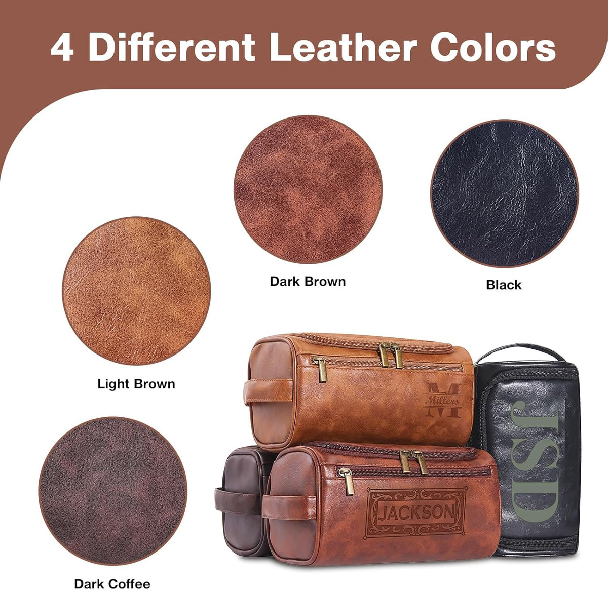 Personalized Leather Toiletry Bag For Men with Hook, Groomsmen Gifts Travel Bag Laser Engraved Name Monogram PU Gift For Him Husband Father Leather Dopp Kit with Side Handle