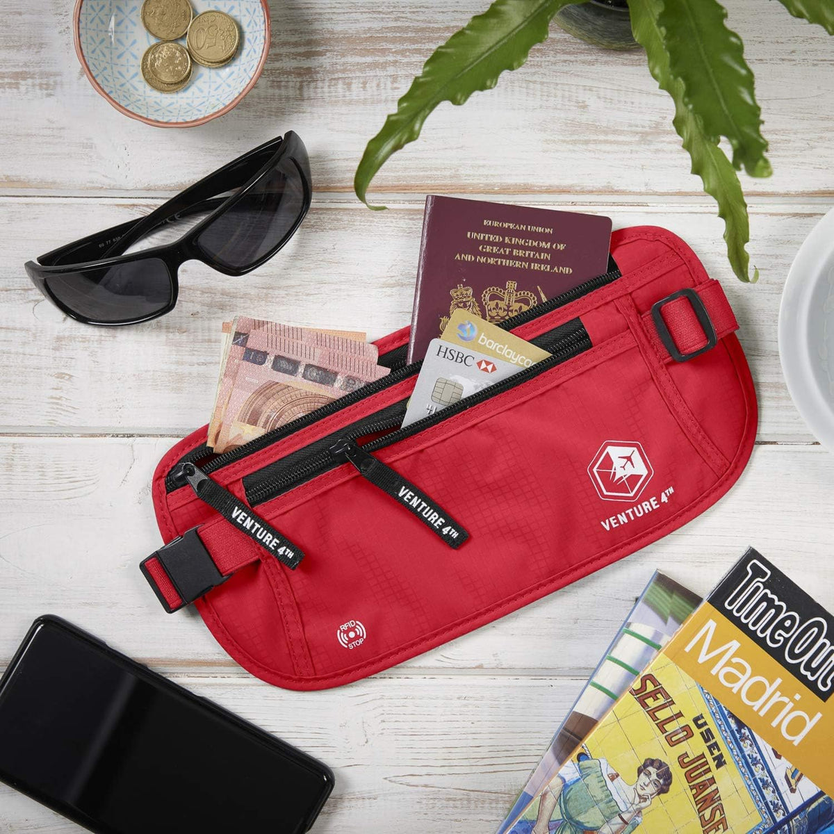 VENTURE 4TH Travel Money Belt - Slim Passport Holder RFID Blocking Travel Pouch to Protect Cash, Credit Cards and Travel Documents (Red)
