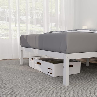 14 Inch Bamboo Bed Frame – Solid Wood Platform Bed Frame, Strong and Stable, with Non-Slip Slats for Support, No Box Spring Needed, Easy to Assemble, Noise-Free (White, Twin with Headboard)