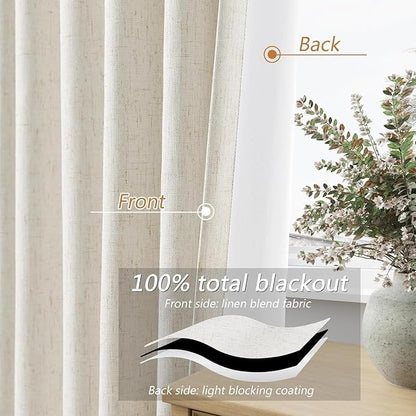 Guken Cream 100% Blackout Cream Linen Curtains 52 Inch Wide by 128 Inch 2 Panels Set for Living Room Bedroom Back Tab Thermal Insulated Black Out Drapes Room Darkening Window Curtains