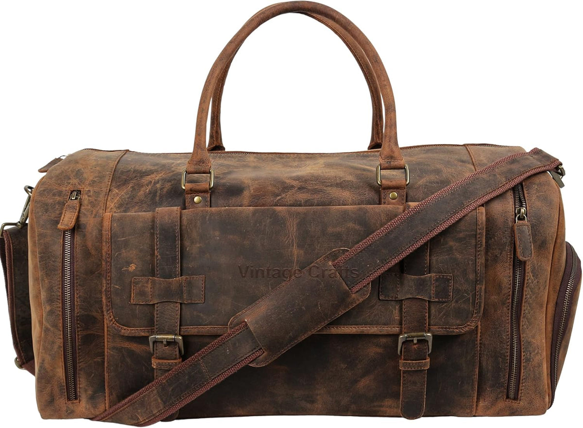 22 Inch Genuine Leather Full Grain Duffel Bag | Overnight Travel Weekend Sports Gym Traveling | Carryon Durable Cabin With Shoe Compartment For Men and Women