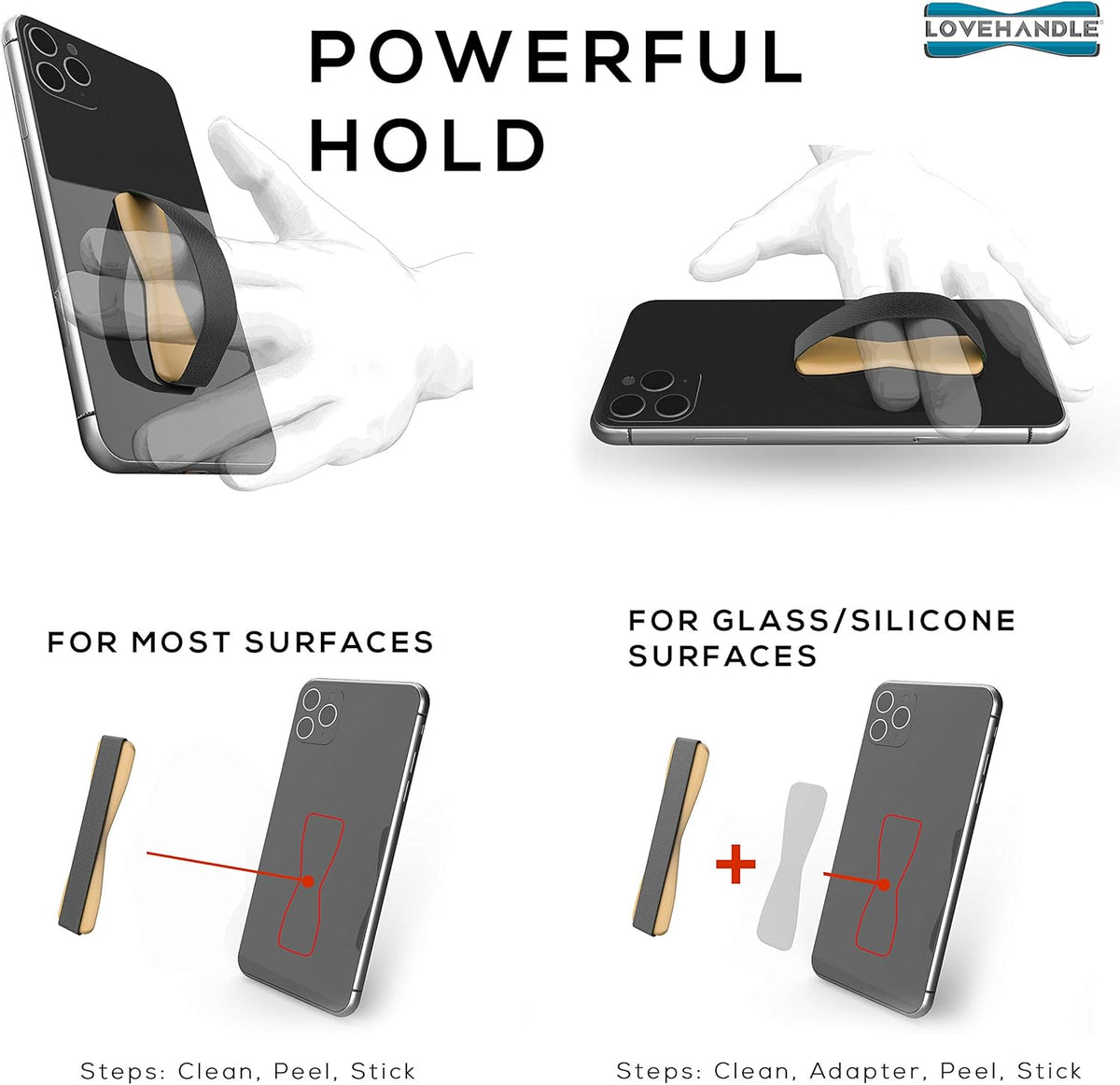 LOVEHANDLE Universal Phone Grip for Smartphones & Mini Tablets - Phone Holder for Hand - Wireless Charging Compatible - Made in The USA - Black Elastic Strap with Gold Base