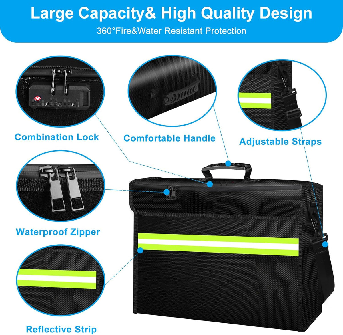6500°F Fireproof Document Bag with Lock-Fireproof Box with 10 Layers Insulation Materials&Waterproof Zipper,Removable Wallet,Reflective Strip for Cash,Documents,Jewelry(14.2”x 9.6”x 4.1”)