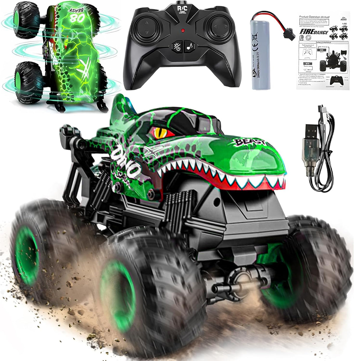 BEZGAR 1:20 Scale Remote Control Monster Truck with Light & Music for Kids 4-7, Dinosaur RC Car with 360° Spins and Drifting
