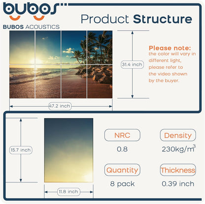 BUBOS 8 Pack Art Acoustic Panels Soundproof Wall Panel,47.2X31.4 Inches Sound Absorbing Panel,Self-adhesive Decorative Acoustical Wall Panels, Acoustic Treatment for Ceiling Home Office（Beach02）