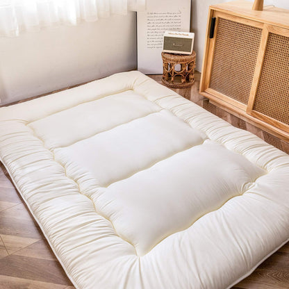 MAXYOYO Japanese Floor Mattress Futon Mattress, Thicken Sleeping Pad Foldable Roll Up Floor Futon for Adults Tatami Mat Dormitory Bed Lounger, Off White, Full Size