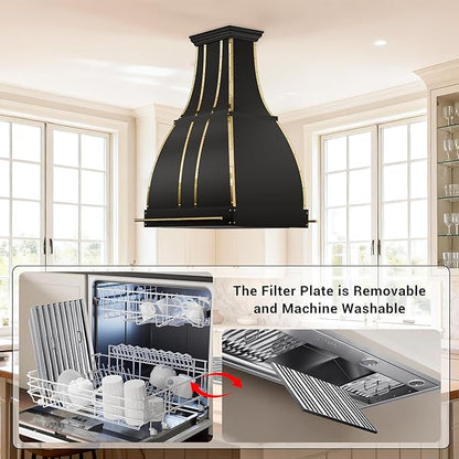CHETTO C Stainless Steel Range Hood Cover with 4-Speed Vent Hood Insert Custom Handmade Metal Kitchen Fan with Towel Rack LED Light 42"W x27"D x45"H Black Island Mount