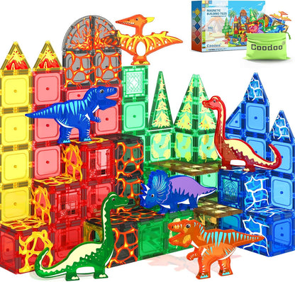 102PCS Dinosaur Toys Magnetic Tiles with 8 Dinosaurs - Jurassic Scenes Dinosaur World Adventure Set, Magnetic Blocks Kids Toys for Boys & Girls Ages 3+, Sensory Toddler Creative Kids Games Gifts