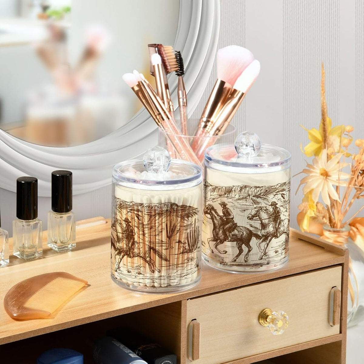 2 Pack Qtip Holder Organizer Dispenser Western Desert Cowboy Bathroom Storage Canister Cotton Ball Holder Container for Cotton Swabs/Pads/Floss