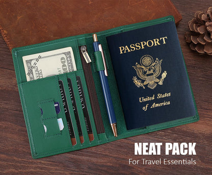 STAR VISTA Phoenix Leather Passport Holder, Calfskin Leather Travel Wallet - RFID Blocking, ID Window, Zipper Pocket, Pen & Notebook Included, AirTag Holder, Mint