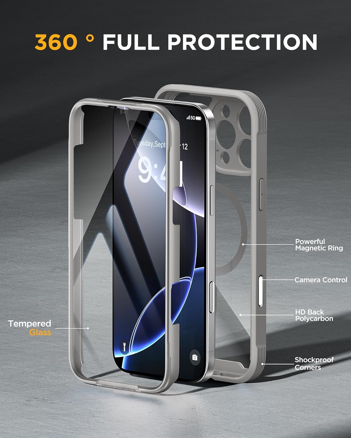 Miracase for iPhone 16 Pro Max Case 6.9'', [Bubble Free] Full-Body Phone case with Built-in Full Glass Screen &Lens Protector,Compatible with MagSafe,Drop Proof 16 Pro Max Cover, Grey