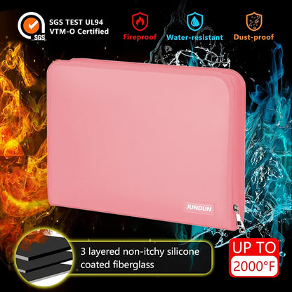 JUNDUN Accordion File Organizer - Fireproof Accordion Folder with Zipper & Labels - 12 Pocket Expanding File Folder with Multi-Pockets Paper Organizer Folder for Letter A4 Files and More (Pink)