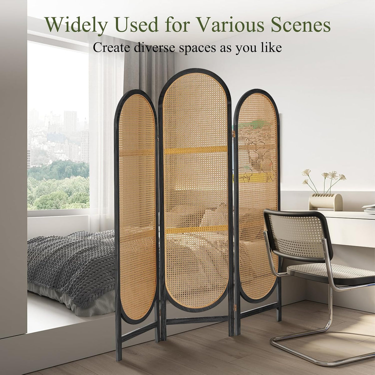 Room Divider Panel, 3 Panel Roomdivider Wall, Wood Room Dividers and Folding Privacy Screens, Rattan Partition Room Dividers, Privacy Dividers for Rooms, Bedroom, Dining Room, Black