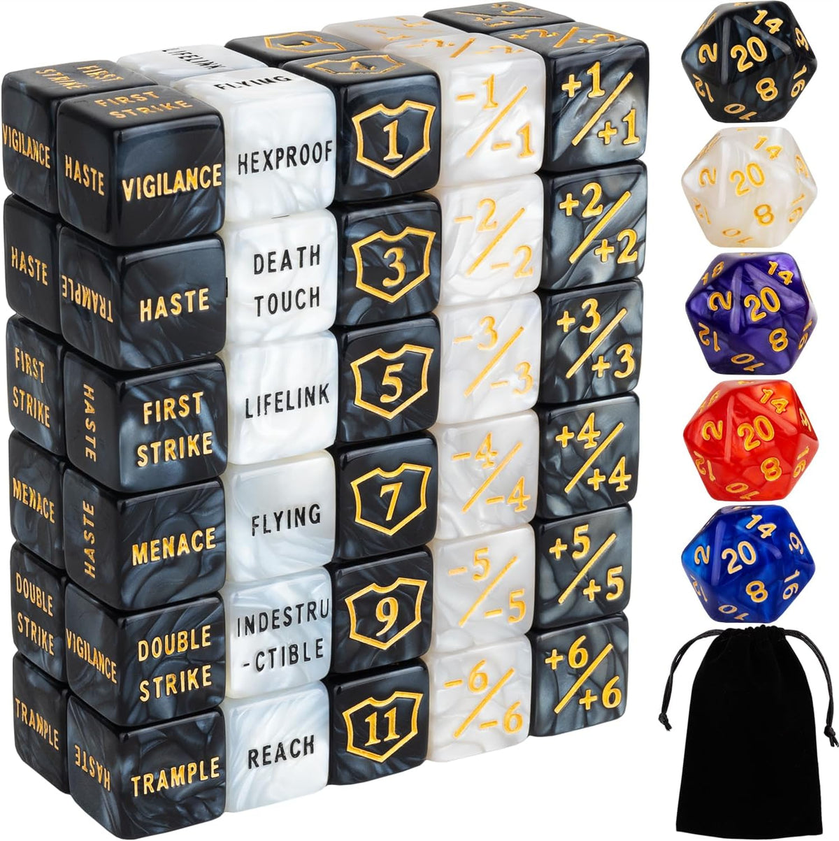 65 Pieces MTG Dice Counters Life Keyword Counter Dice Set Plus One/+1 Buff Abilities Shield Tokens for MTG, TCG, Cards Gaming Accessories