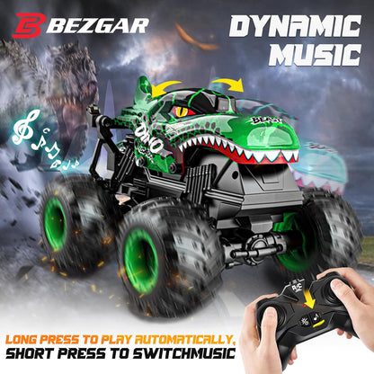 BEZGAR 1:20 Scale Remote Control Monster Truck with Light & Music for Kids 4-7, Dinosaur RC Car with 360° Spins and Drifting