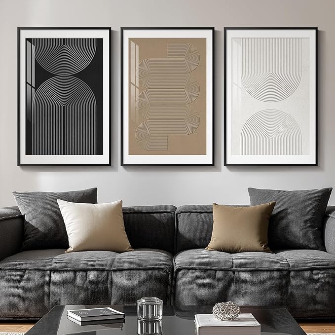 Framed Boho Neutral Abstract Wall Art, Set of 3 Modern Art Prints Paintings Artwork for Walls, Minimalist Black White Brown Geometric Pictures for Living Room, Dining Room, Bedroom Wall Decor 16x24 In