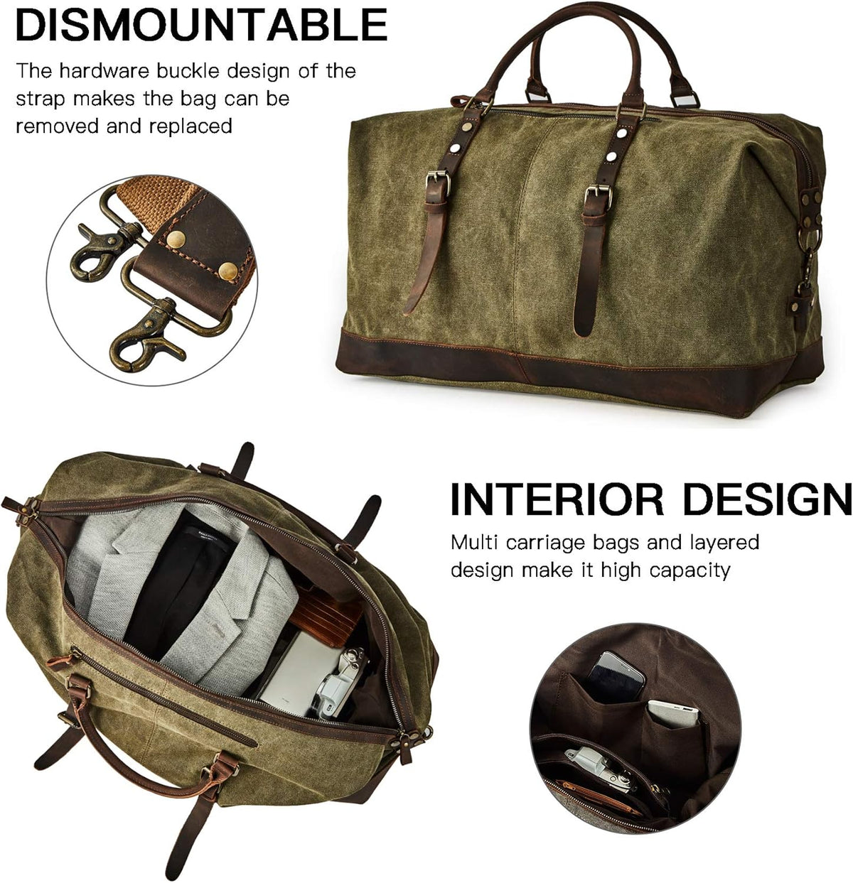 Oversized Canvas Genuine Leather Trim Travel Tote Duffel Shoulder Weekend Bag Weekender Overnight Carryon Handbag