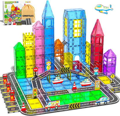 Magnetic City Traffic Tiles, 38pcs, Preschool Montessori Toys for 3+ Year Old Kids, Sensory Building Blocks for Toddler with Autism