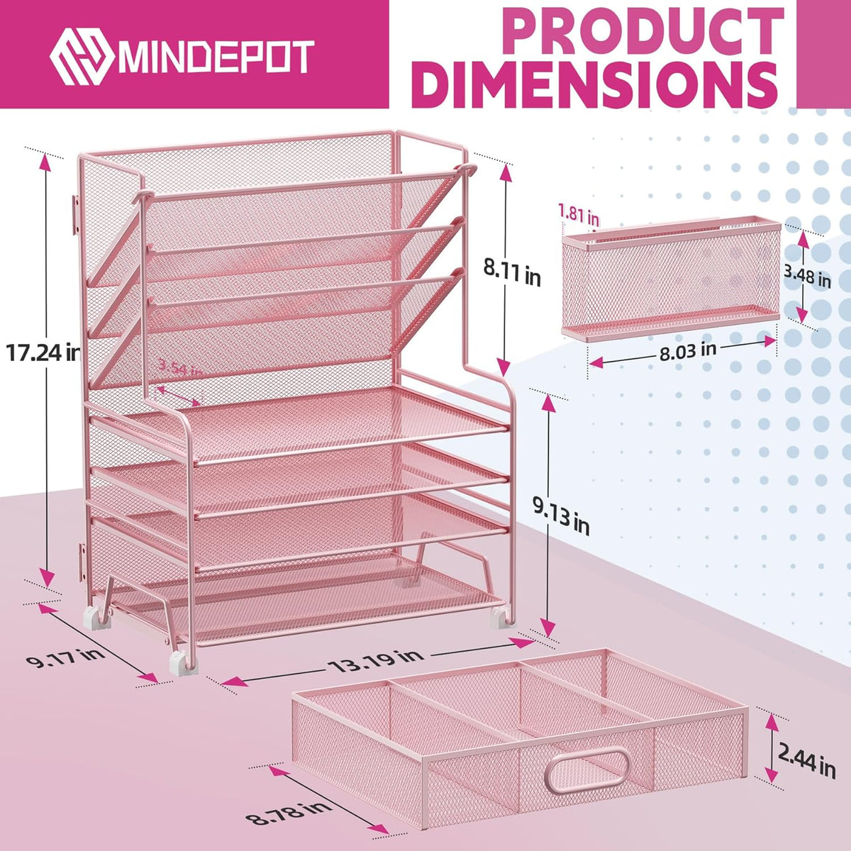 4-Tier Paper Organizer + 3-Pocket File Holder + Drawer + Pen Holders, Desktop File Organizers Paper Tray for Office Supplies School Classroom Organization (Pink, with Drawer & Pen Holder)