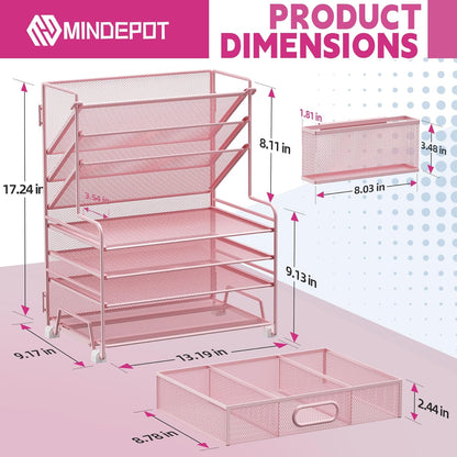 4-Tier Paper Organizer + 3-Pocket File Holder + Drawer + Pen Holders, Desktop File Organizers Paper Tray for Office Supplies School Classroom Organization (Pink, with Drawer & Pen Holder)