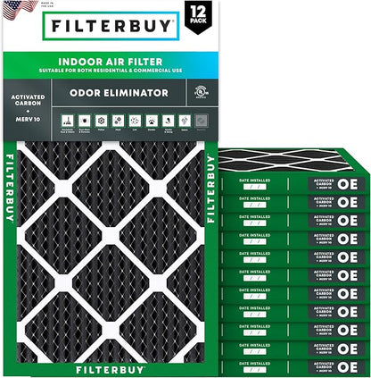 Filterbuy 16x25x1 Air Filter MERV 10 Odor & Allergy Defense with Activated Carbon (12-Pack), Electrostatic Pleated HVAC AC Furnace Filters Replacement, Made in USA (Actual Size: 15.50 x 24.50 x 0.75)