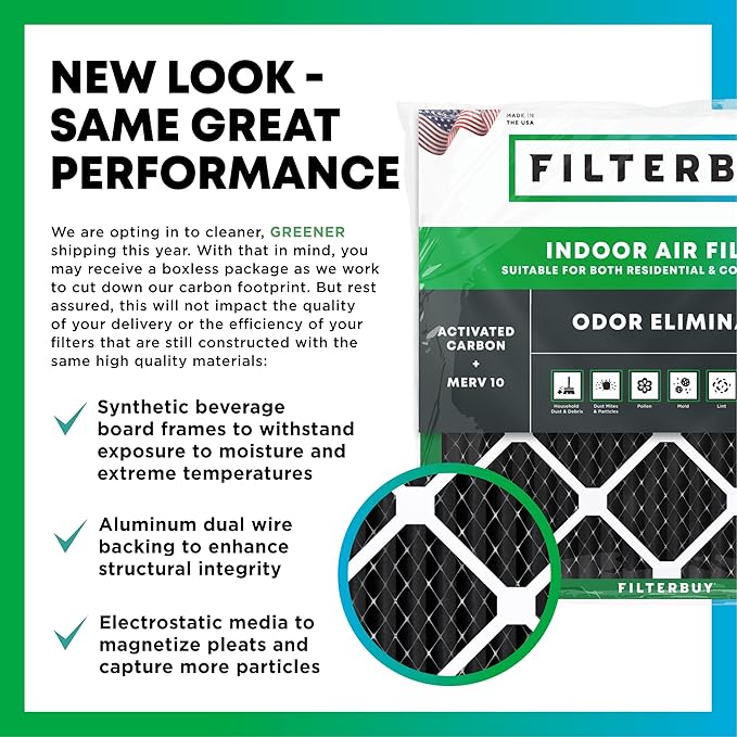 Filterbuy 16x25x1 Air Filter MERV 10 Odor & Allergy Defense with Activated Carbon (12-Pack), Electrostatic Pleated HVAC AC Furnace Filters Replacement, Made in USA (Actual Size: 15.50 x 24.50 x 0.75)