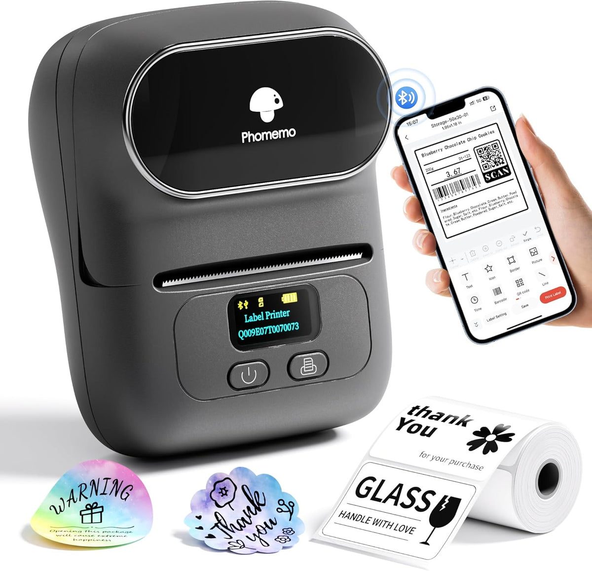 Phomemo M110 Thermal Label Makers- Barcode Label Printer Bluetooth Label Maker Portable Printer for Small Business, Address, Logo, Clothing, Mailing, Sticker Printers for Phone & PC, Gray